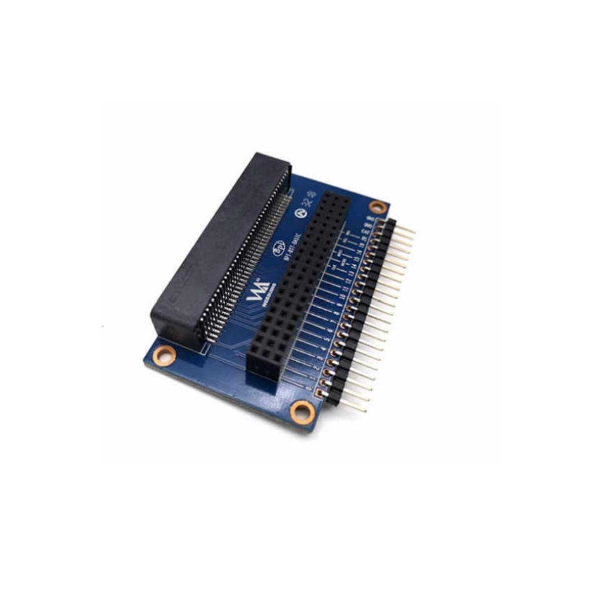 Blaue Leiterplatte mit mehreren Pins und einem schwarzen Anschluss, verwendet für elektronische Projekte oder Raspberry Pi-Erweiterungen.