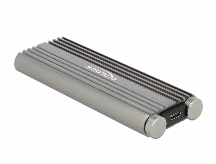 Ein kompaktes externes Silber-Festplattenlaufwerk mit geripptem Metallgehäuse und 
