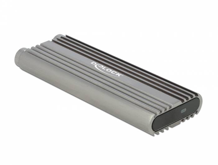 Silbernes Delock externes Laufwerk-Gehäuse mit geripptem Aluminiumgehäuse auf weißem Hintergrund.
