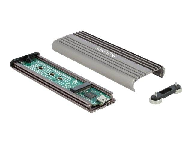 Explosionszeichnung einer kleinen elektronischen Leiterplatte mit Metallgehäuse und Endklammer, die die internen Komponenten und Gehäuseteile des Geräts zeigt.