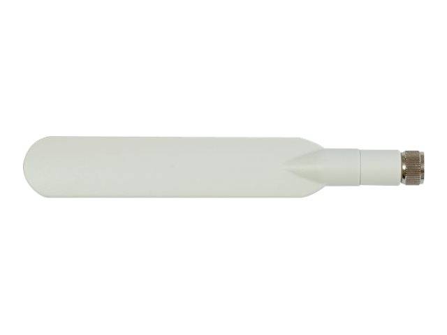 Weiße externe Antenne mit verschraubtem Metallstecker, auf weißem Hintergrund abgebildet.