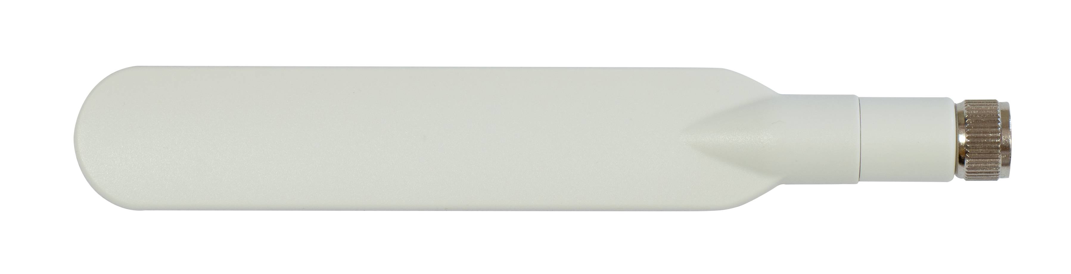 Weiße Antenne mit abgerundetem rechteckigem Gehäuse und gewindeltem Metallstecker auf der rechten Seite, dargestellt vor einfachem Hintergrund.
