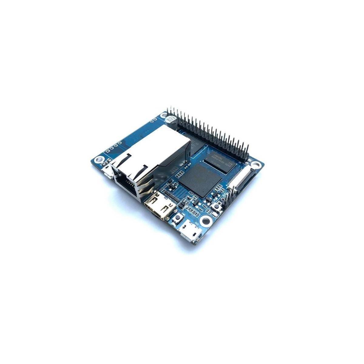 Ein kleiner, blauer Einplatinencomputer mit Metallethernet-Anschluss und GPIO-Pins, entwickelt für kompakte Rechenlösungen.