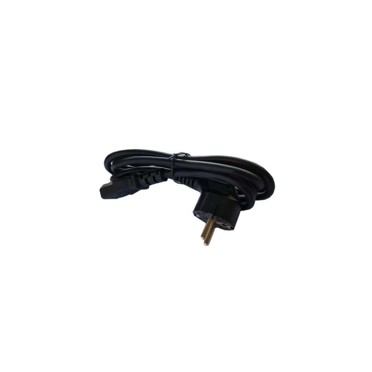 Ein gewickeltes schwarzes Netzkabel mit einem europäischen Stecker an einem Ende, geeignet für elektronische Geräte in Europa.
