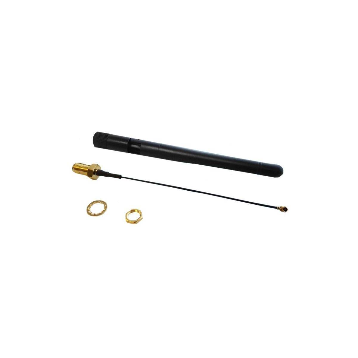 Eine schwarze externe Antenne mit einem goldenen Anschluss und kleinem Befestigungszubehör, verwendet für drahtlose Kommunikationsgeräte.