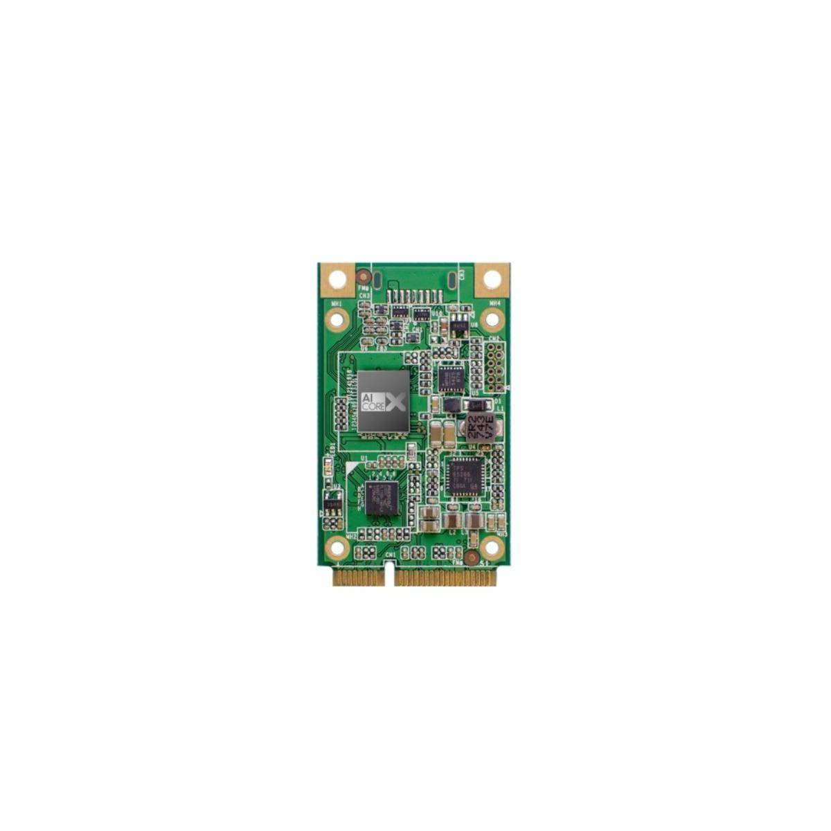 Eine kleine grüne Leiterplatte mit mehreren Mikrochips und Anschlüssen, die für elektronische Geräte oder Computer verwendet wird.