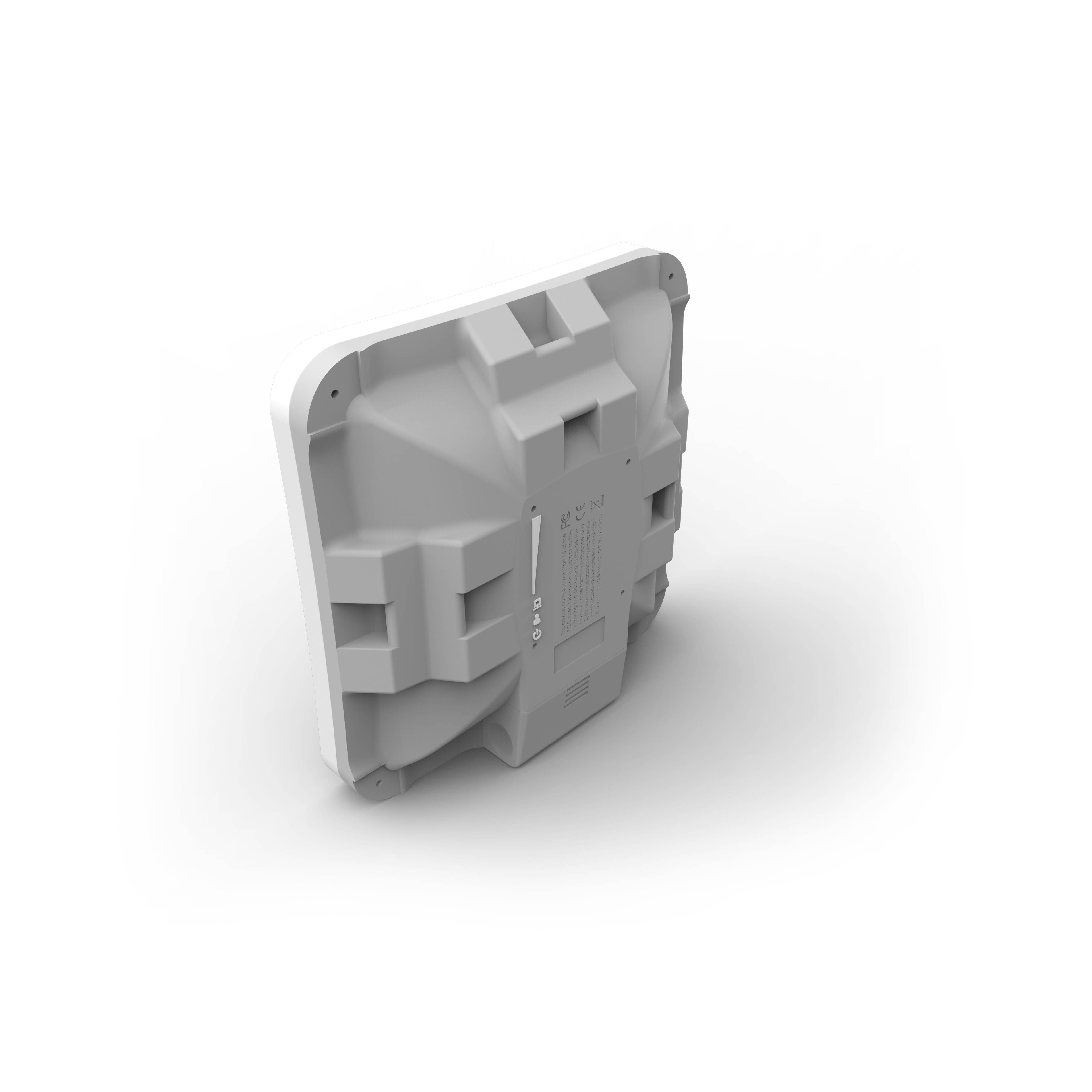 Grauer rechteckiger elektronischer Modul, dargestellt in einer 3D-Visualisierung, von hinten betrachtet mit Montageklammern und Steckeröffnungen.