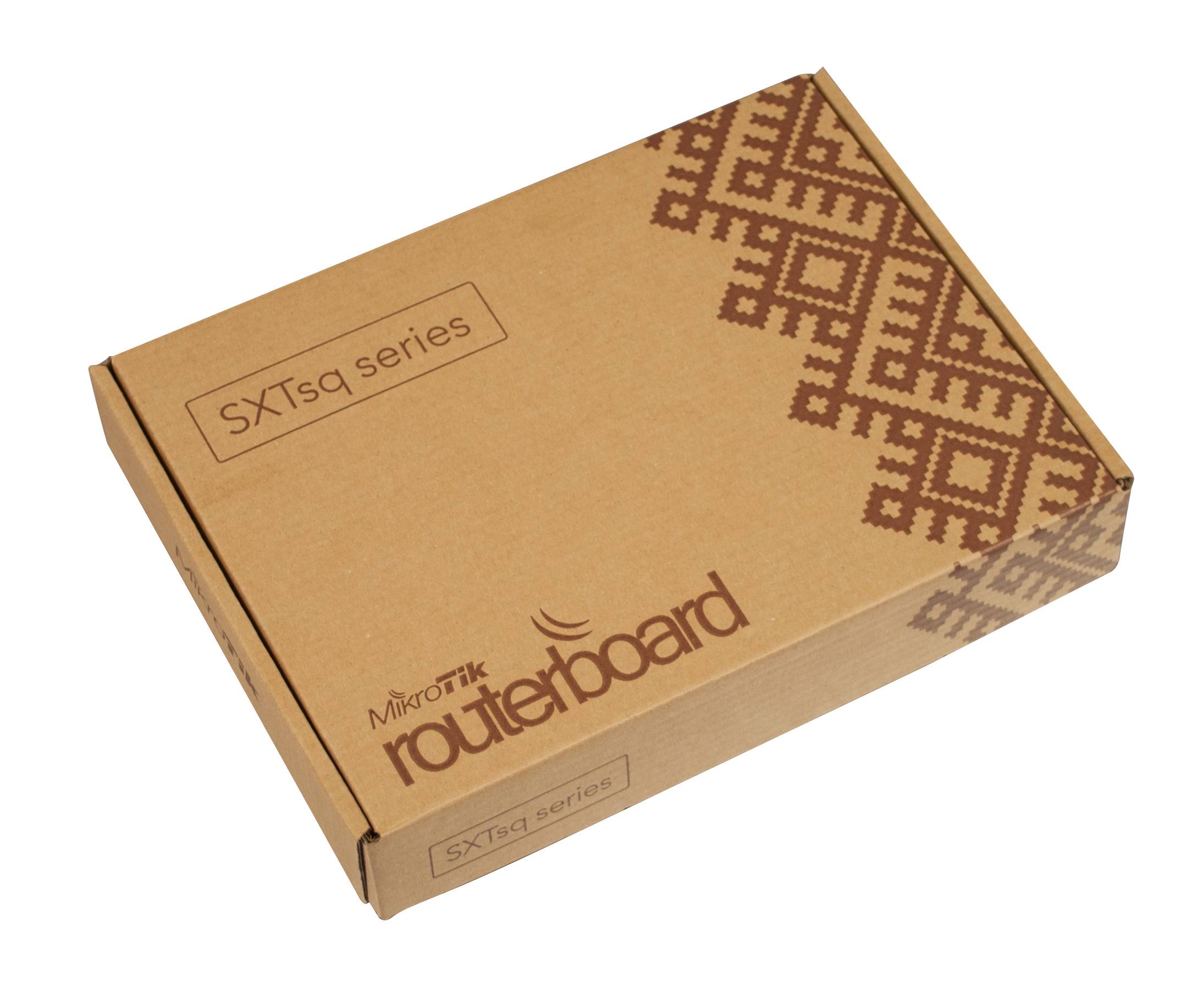 MikroTik RouterBOARD sXTsq Serie Pappkarton auf weißem Hintergrund.