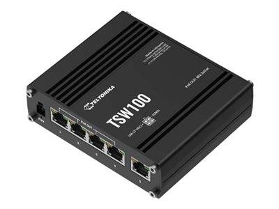 Schwarzer Teltonika TSW100 Industrial-Ethernet-Switch mit mehreren RJ45-Anschlüssen auf weißem Hintergrund