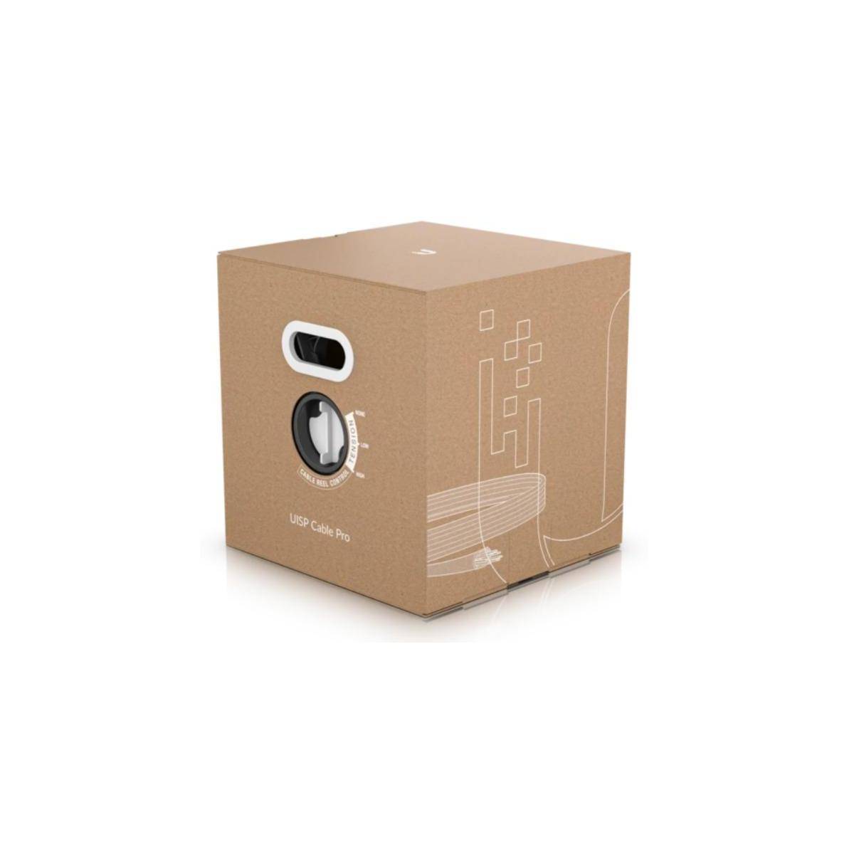 Brauner Karton mit Griff und weißem Design, beschriftet mit 'UTP Cable Pro.' Die Verpackung ist für eine einfache Kabelausgabe konzipiert.