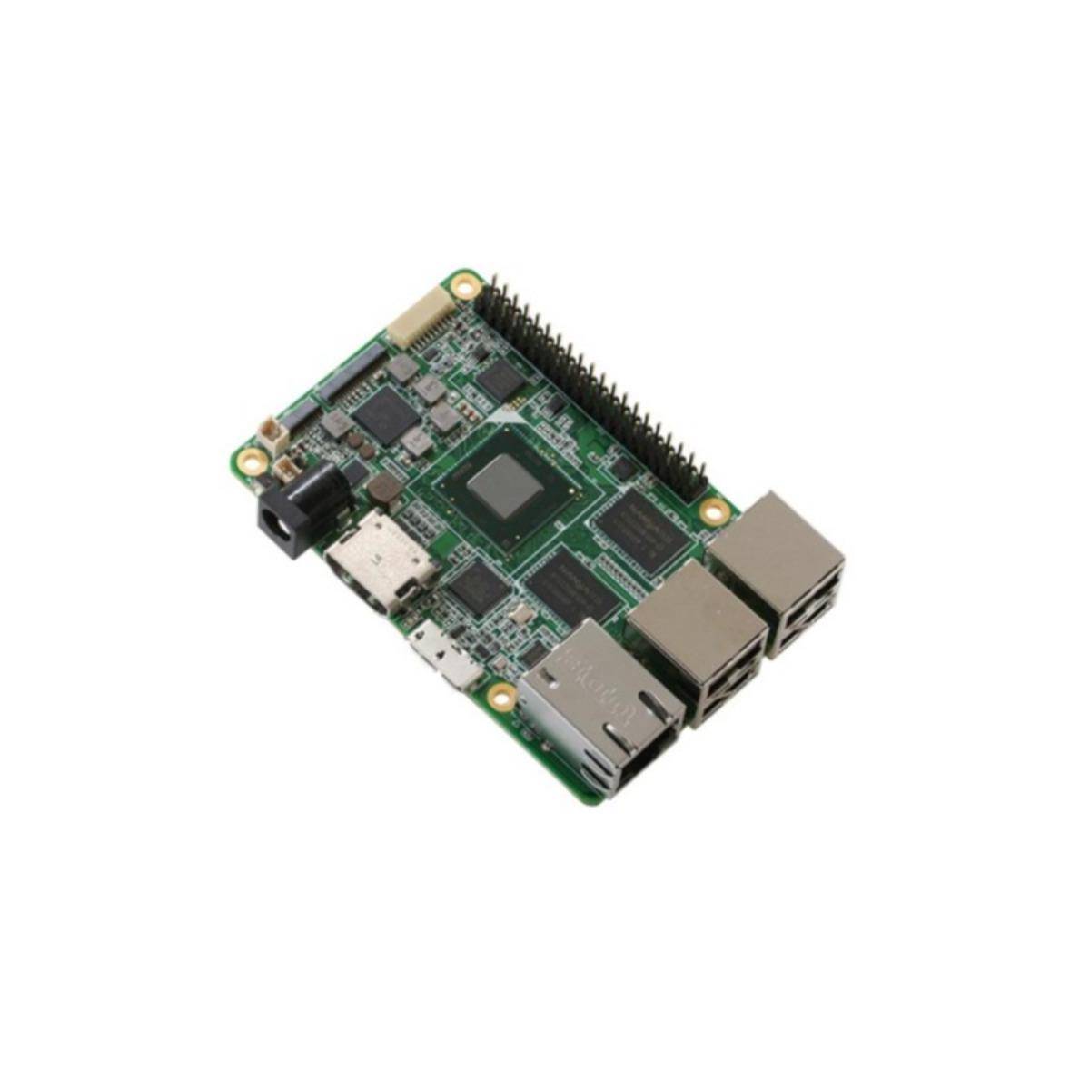 Eine kleine grüne Leiterplatte mit Mikrochips, einem USB-Anschluss und einem Ethernet-Anschluss, die einem kompakten Einplatinencomputer ähnelt.