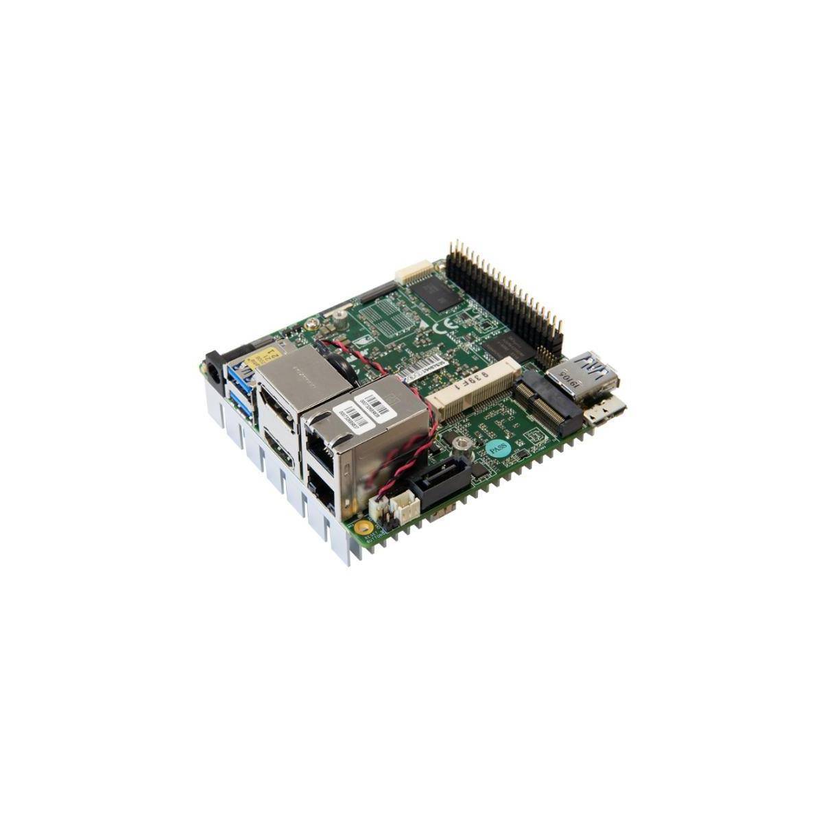 Eine kompakte Computerplatine mit verschiedenen Anschlüssen und Schnittstellen, einschließlich USB, HDMI und Ethernet, geeignet für eingebettete Anwendungen.