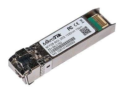 MikroTik SFP28 Optisches Transceiver-Modul mit Metallgehäuse und Steckerleiste, dargestellt auf weißem Hintergrund.