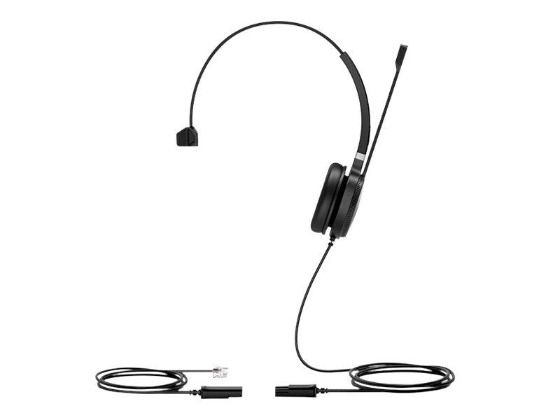 Schwarzes Over-Ear-Headset mit Boom-Mikrofon und USB-Kabel, gezeigt mit aufgewickeltem Kabel auf weißem Hintergrund.