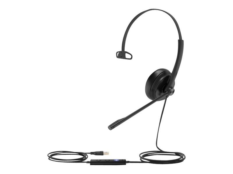 Schwarze Over-Ear-Kopfhörer mit Boom-Mikrofon und Inline-USB-Steuerung, aufgerollt auf weißem Hintergrund gezeigt.