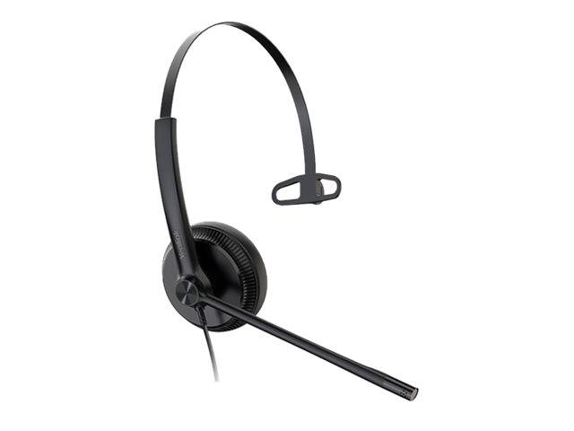 Schwarzes Over-Ear-Headset mit verstellbarem Kopfbügel, Boom-Mikrofon und angeschlossenem Kabel auf weißem Hintergrund.