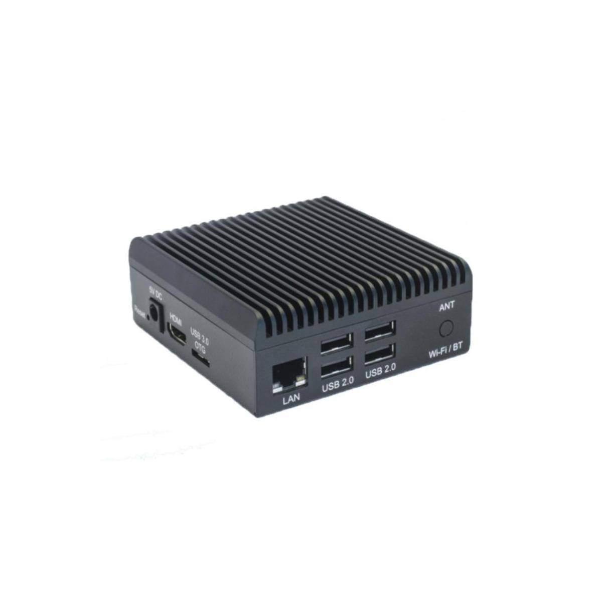 Eine kleine schwarze Computerbox mit mehreren Anschlüssen, darunter LAN, USB 2.0 und Wi-Fi/BT, geeignet für Netzwerk- oder Medienanwendungen.