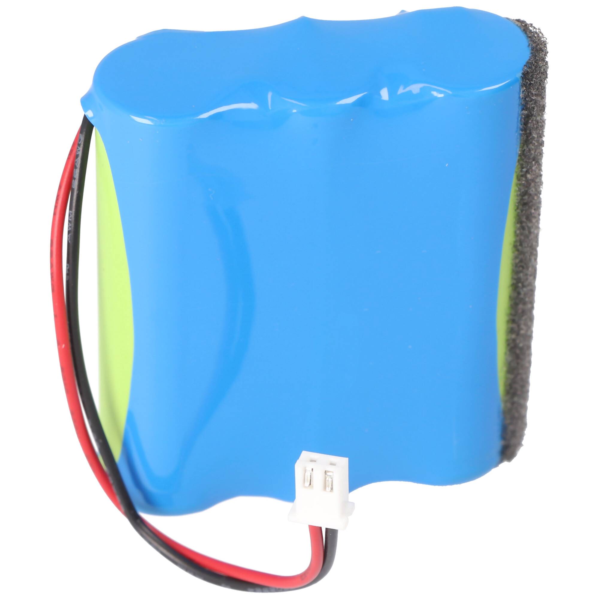 Ein blauer wiederaufladbarer Batteriepack mit schwarzer Isolierung, roten und schwarzen Kabeln und einem weißen Stecker. Wird für elektronische Geräte verwendet.