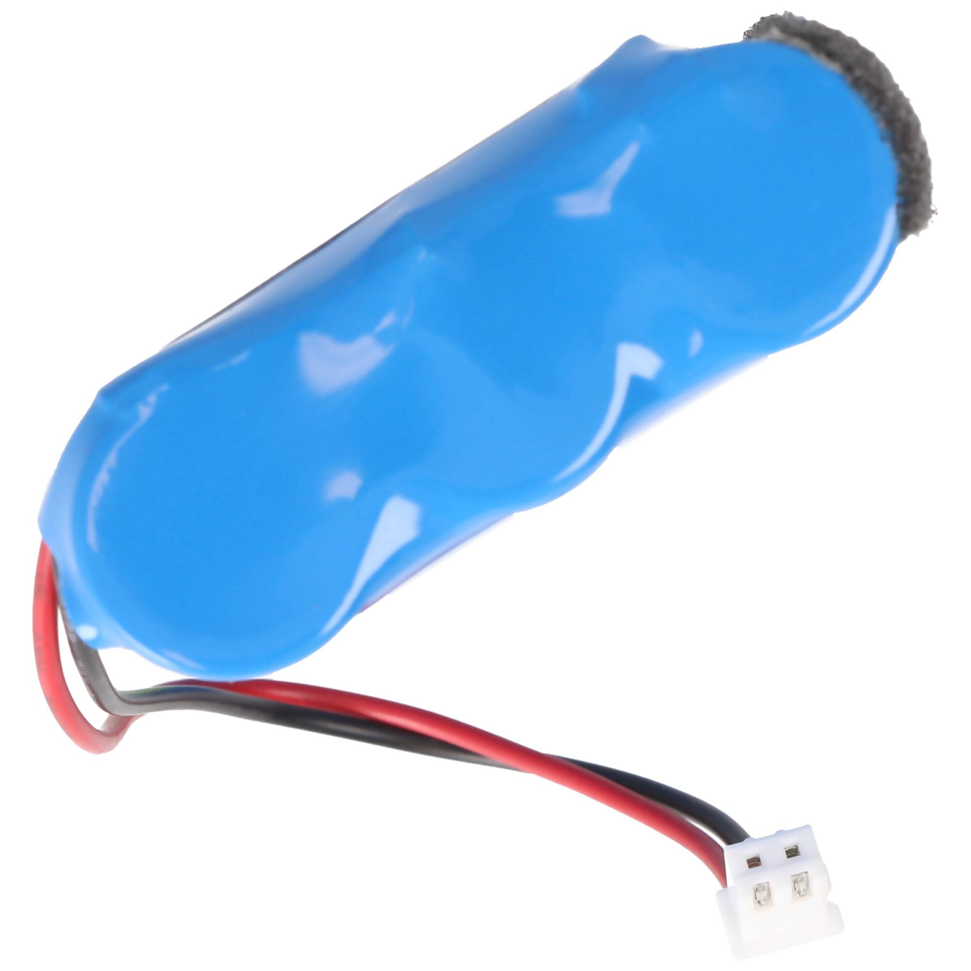 Ein blauer zylindrischer Batteriepack mit drei verbundenen Zellen, schwarzen und roten Drähten mit einem kleinen weißen Stecker.