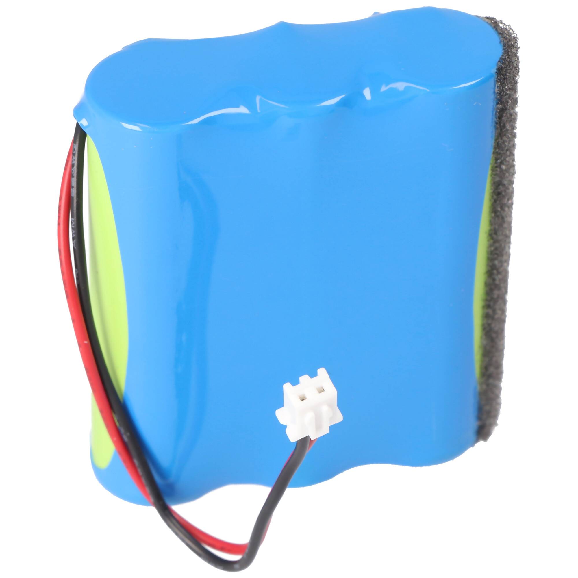 Ein blau und grün gefärbtes Batteriepaket mit roten und schwarzen Kabeln, die an einem weißen Stecker enden.