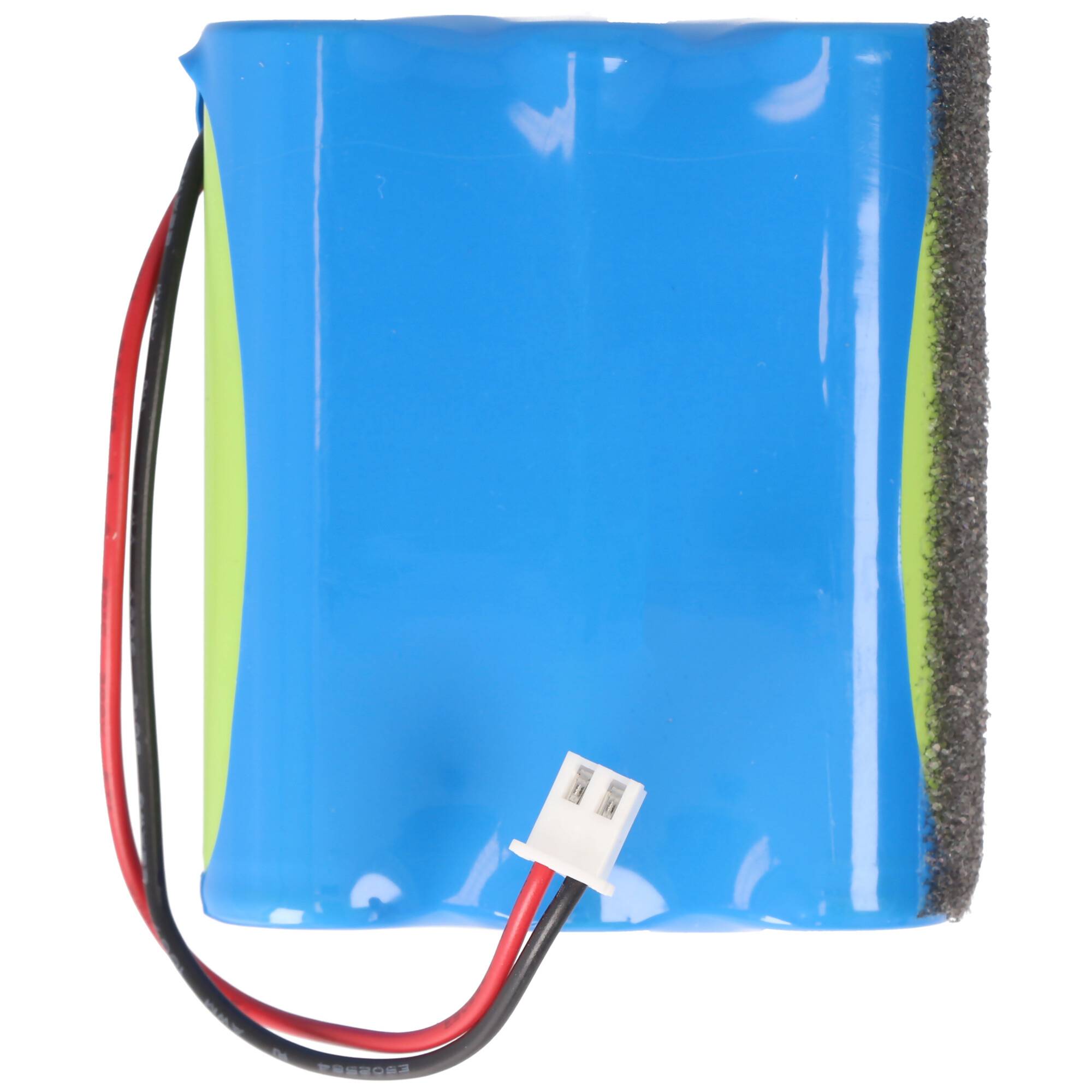 Ein blau und grün gefärbtes aufladbares Batteriepaket mit angebrachten roten und schwarzen Drähten und einem kleinen weißen Anschluss auf einfachem Hintergrund.