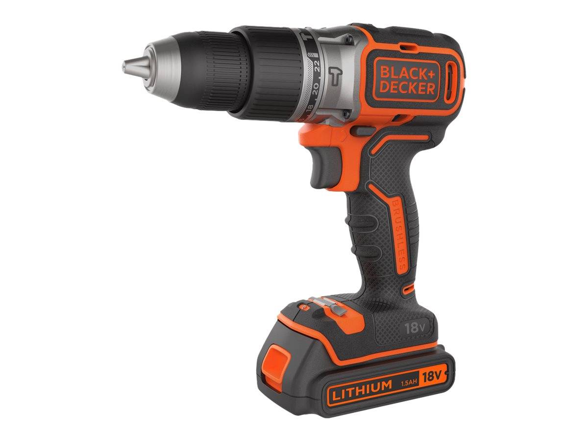 Black and Decker Akku-Bohrschrauber mit einem schwarz-orangefarbenen Design, gekennzeichnet als '18V Lithium 1.5AH', mit einem ergonomischen Griff und verstellbaren Einstellungen.