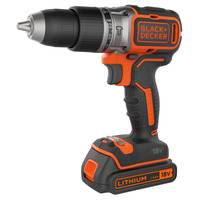 Black+Decker Akku-Bohrschrauber mit 18V Lithium-Akku, dargestellt in Schwarz und Orange auf weißem Hintergrund.