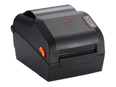 Schwarzer Desktop-Thermodrucker mit Deckel oben und Ausgabeschlitz vorne, gezeigt auf weißem Hintergrund.