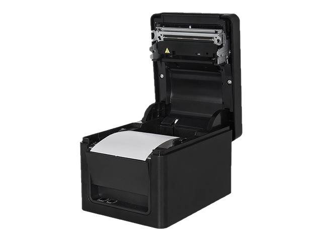 Schwarzer Bondrucker mit geöffnetem oberen Deckel, der die interne Papierzufuhr und das Schneidmechanismus zeigt.