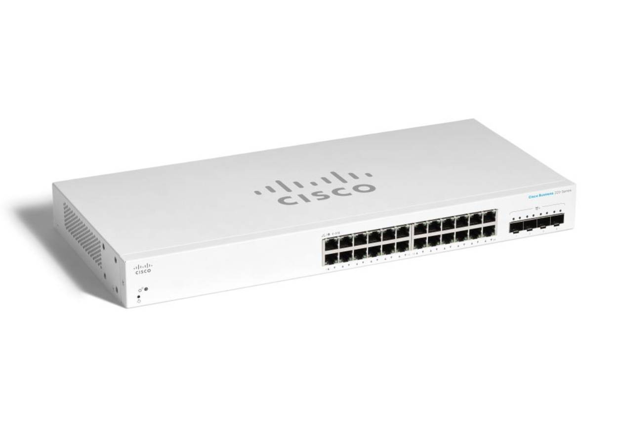 Cisco-Netzwerk-Switch mit mehreren Ethernet-Anschlüssen auf der Frontplatte, auf weißem Hintergrund dargestellt.