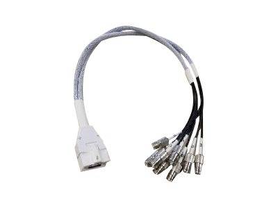Graue Kabelschnur mit einem weißen Stecker an einem Ende und sechs dünnen schwarzen Leitungen mit Metallsteckern am anderen Ende, gezeigt auf weißem Hintergrund.