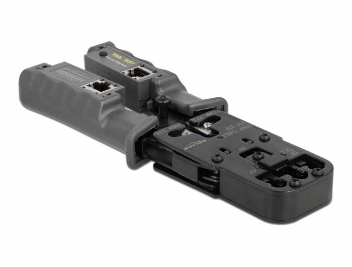 Schwarzes modulares Netzwerkkabel-Crimpwerkzeug mit zwei RJ45-Steckverbinderschächten auf weißem Hintergrund.