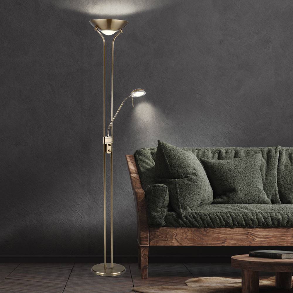 Stehlampe Deckenfluter LED dimmbar mit Leselampe LED-Stehlampen mit Dimmer, Lesespot flexibel altmessing, 2x LED 16 W 1440 lm, warmweiß, H 180 cm