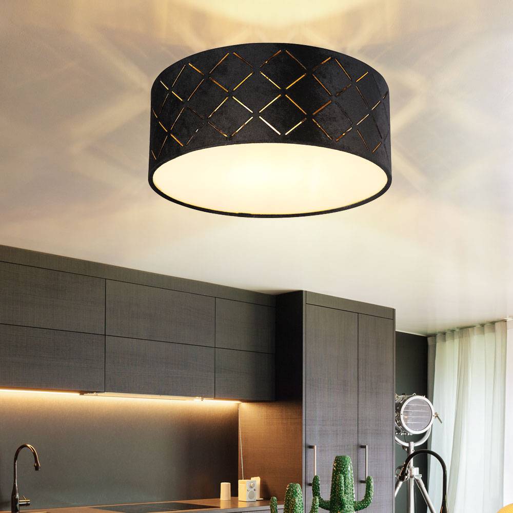 Deckenleuchte schwarz Samt Kunststoff opal 1 flammig Schlafzimmerlampe Deckenlampe Stoff 26 cm, Dekorstanzungen, 1x E27 LED max. 15W, DxH 26x10 cm