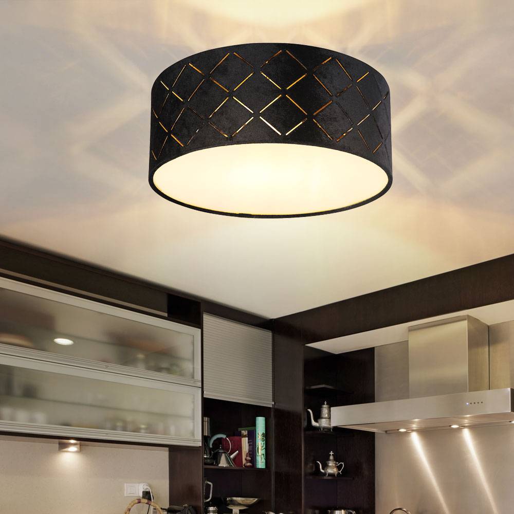 Deckenleuchte schwarz Samt Kunststoff opal 1 flammig Schlafzimmerlampe Deckenlampe Stoff 26 cm, Dekorstanzungen, 1x E27 LED max. 15W, DxH 26x10 cm