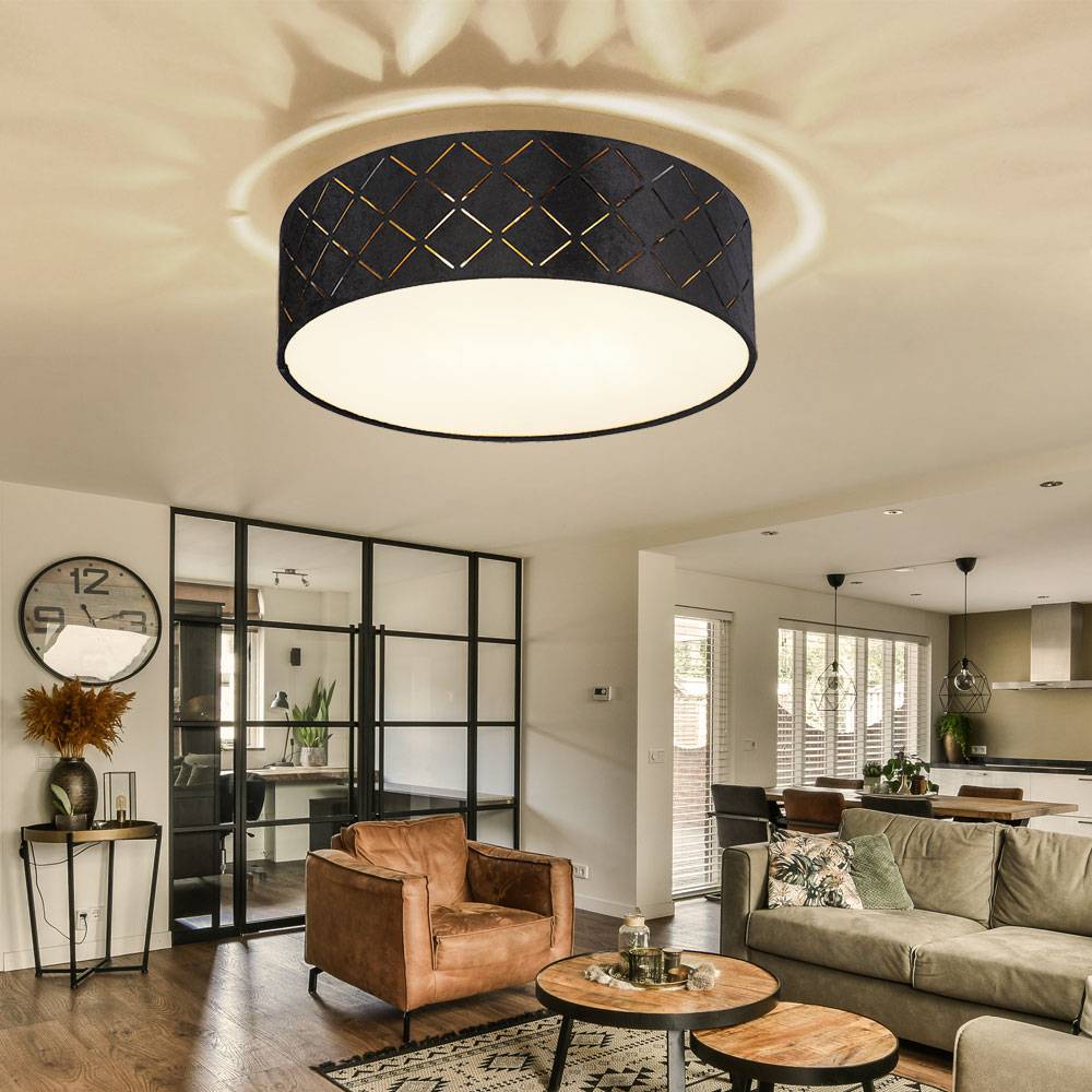 Deckenleuchte schwarz Samt Kunststoff opal 2 flammig Schlafzimmerlampe Deckenlampe Stoff 35 cm, Dekorstanzungen, 2x E27 LED max. 15W, DxH 35x10 cm