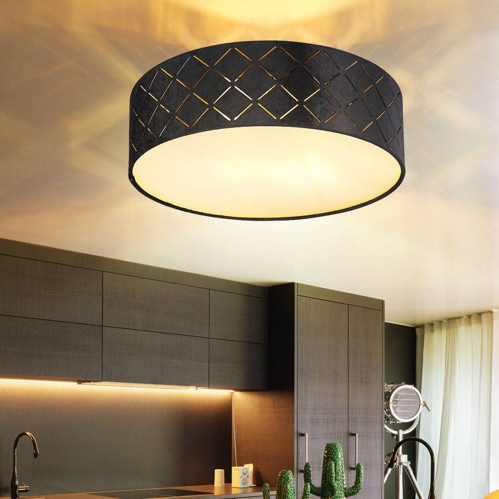 Deckenleuchte schwarz Samt Kunststoff opal 2 flammig Schlafzimmerlampe Deckenlampe Stoff 35 cm, Dekorstanzungen, 2x E27 LED max. 15W, DxH 35x10 cm