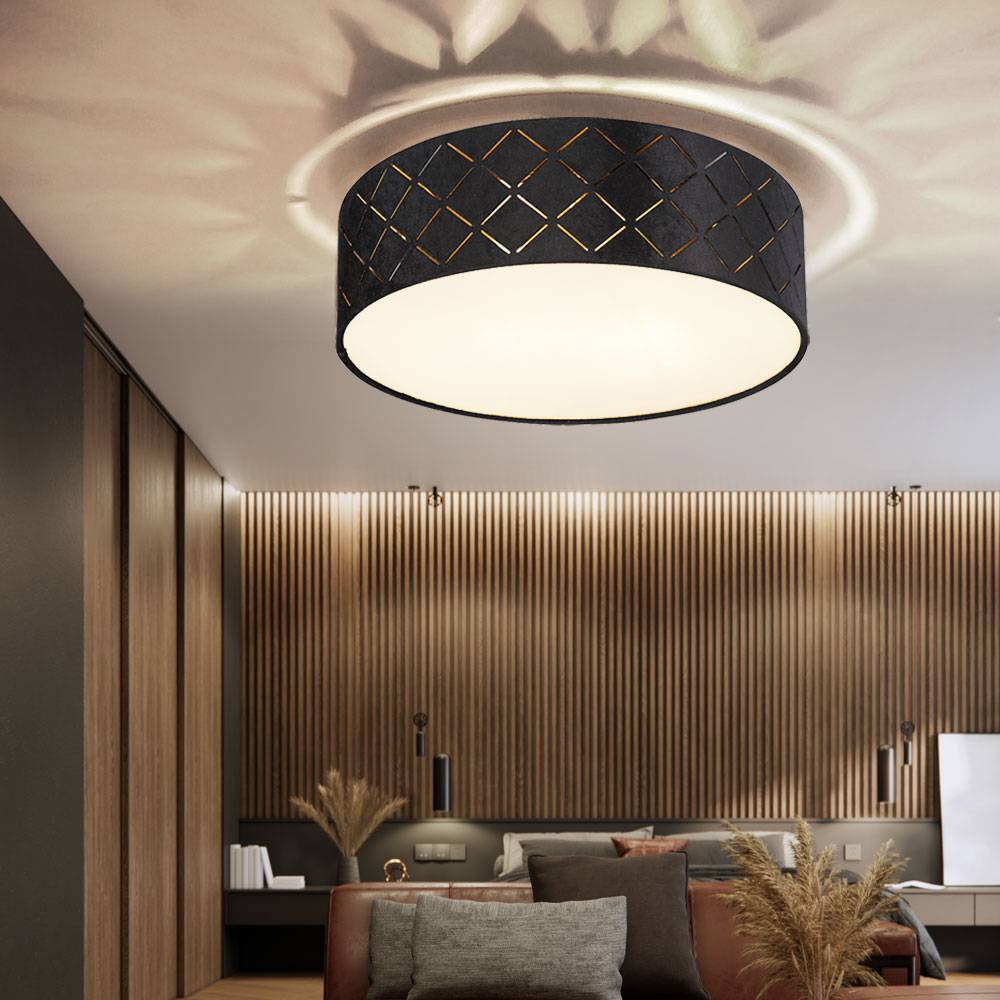 Deckenleuchte schwarz Samt Kunststoff opal 2 flammig Schlafzimmerlampe Deckenlampe Stoff 35 cm, Dekorstanzungen, 2x E27 LED max. 15W, DxH 35x10 cm