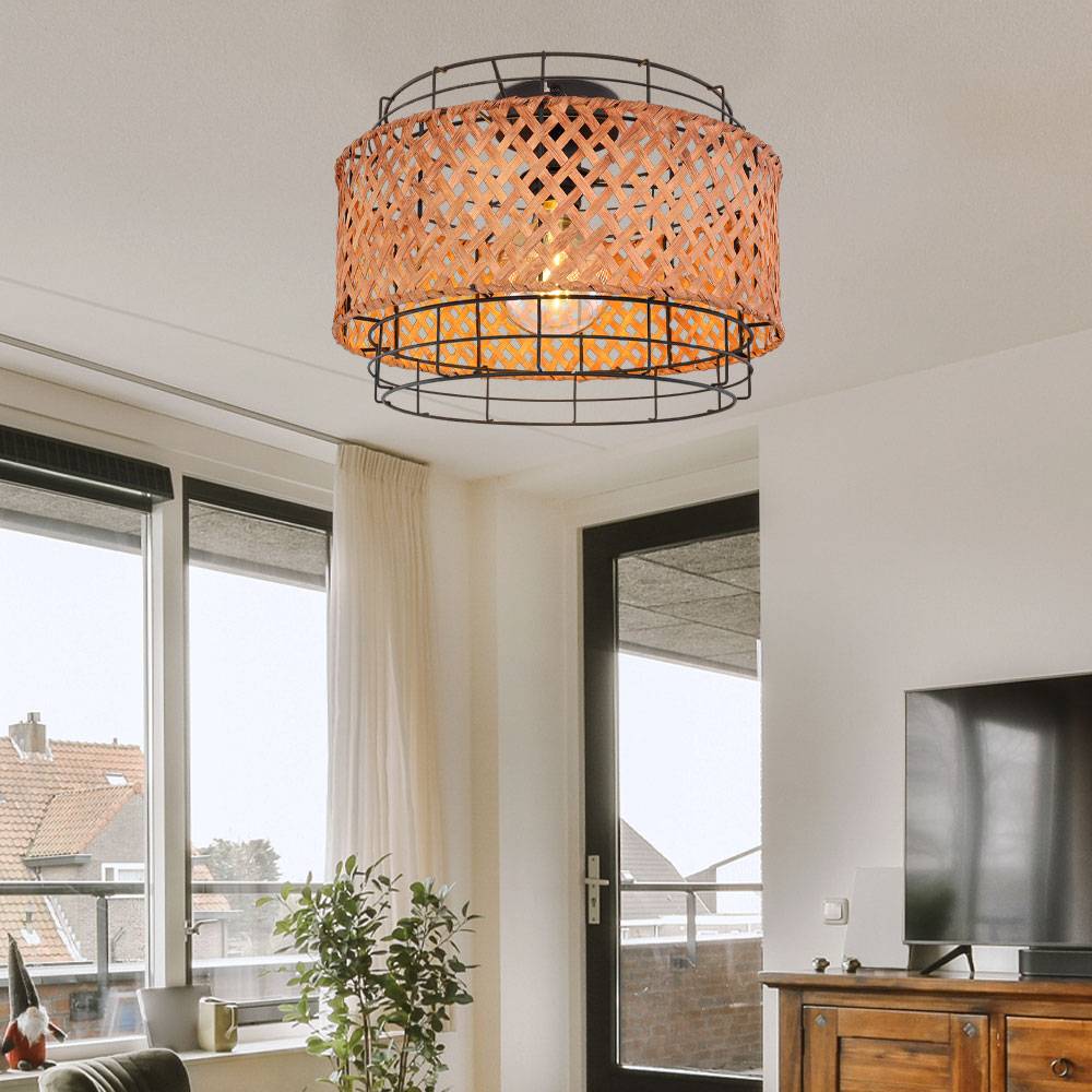 Deckenleuchte Metall schwarz rund Esszimmer Käfig Lampe Beleuchtung Deckenlampe mit Bambusschirm, Gitterform, 1x E27, DxH 35x24,5 cm