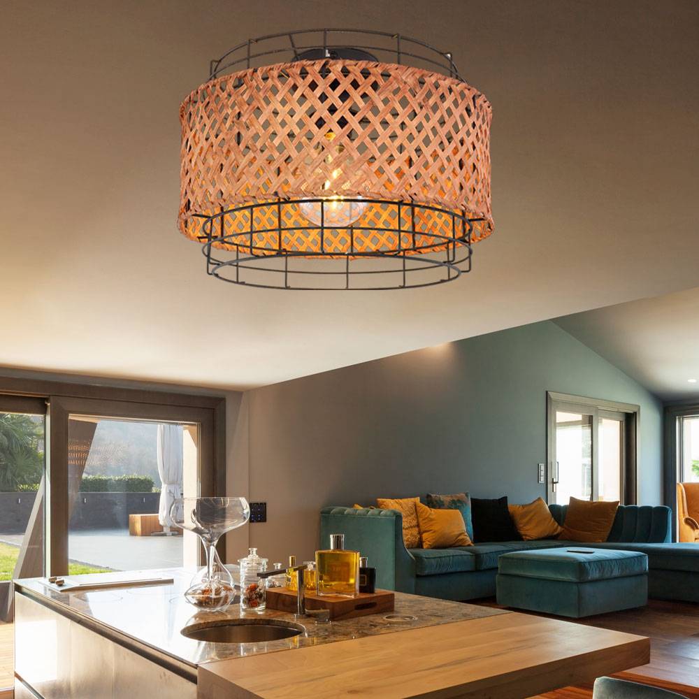Deckenleuchte Metall schwarz rund Esszimmer Käfig Lampe Beleuchtung Deckenlampe mit Bambusschirm, Gitterform, 1x E27, DxH 35x24,5 cm