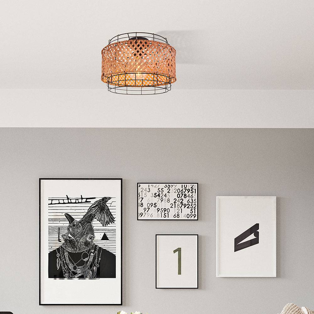 Deckenleuchte Metall schwarz rund Esszimmer Käfig Lampe Beleuchtung Deckenlampe mit Bambusschirm, Gitterform, 1x E27, DxH 35x24,5 cm