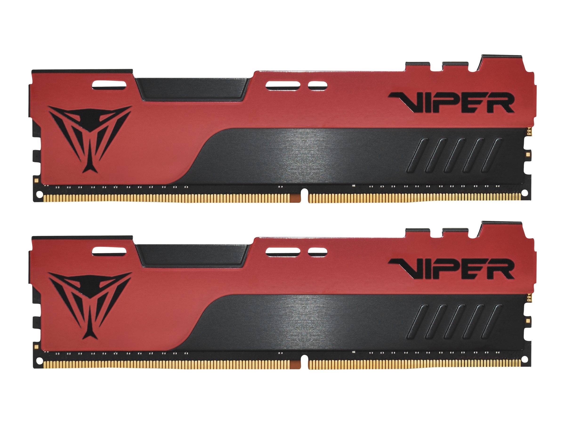 Zwei rote Viper-Desktop-RAM-Sticks mit schwarzen Akzenten, nebeneinander auf weißem Hintergrund dargestellt.