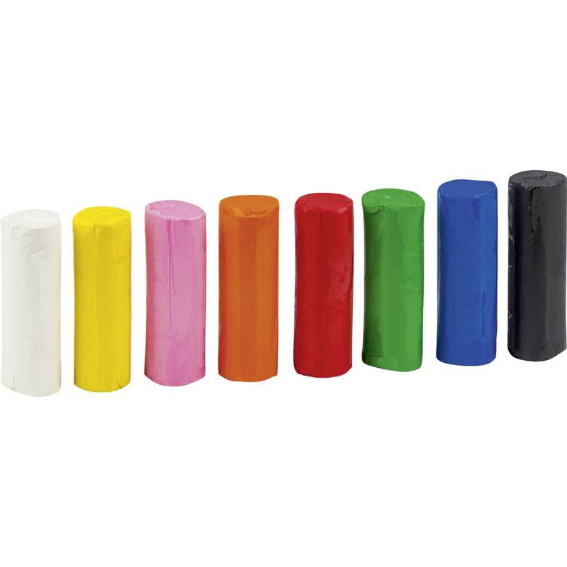 Bunte Modelliertonfiguren in Weiß, Gelb, Rosa, Orange, Rot, Grün, Blau und Schwarz, in einer Reihe angeordnet.