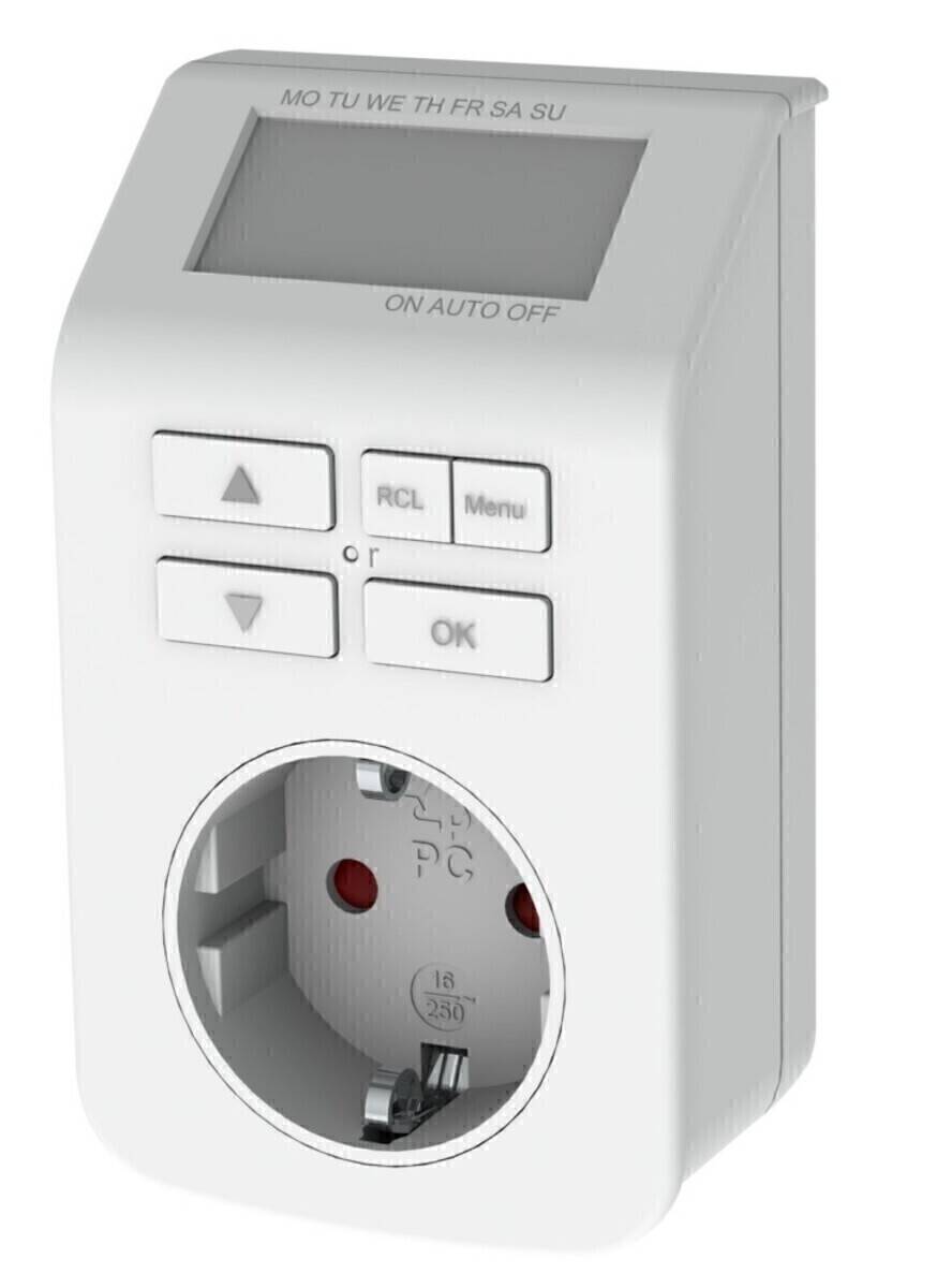 Eine digitale Timer-Steckdose mit Tasten, die mit ‚RCL', ‚Menü' und ‚OK' beschriftet sind, wird für programmierbare Elektro-Steckdosen verwendet.