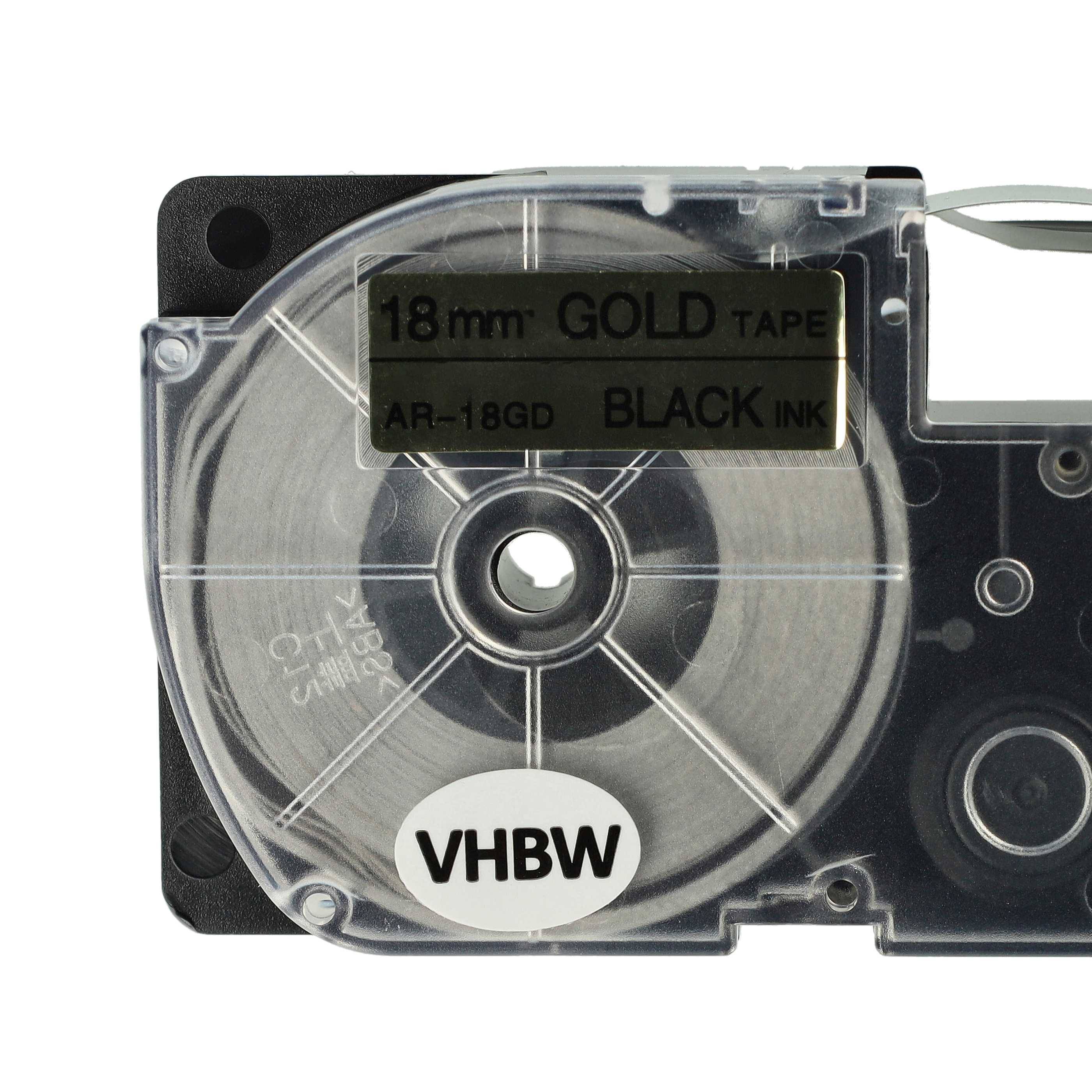 vhbw Schriftband-Kassette kompatibel mit Casio KL-130, KL-100E, KL-120, KL-1500, CW-L300 Etiketten-Drucker 8m x 18mm Schwarz auf Gold, pet+ RESIN