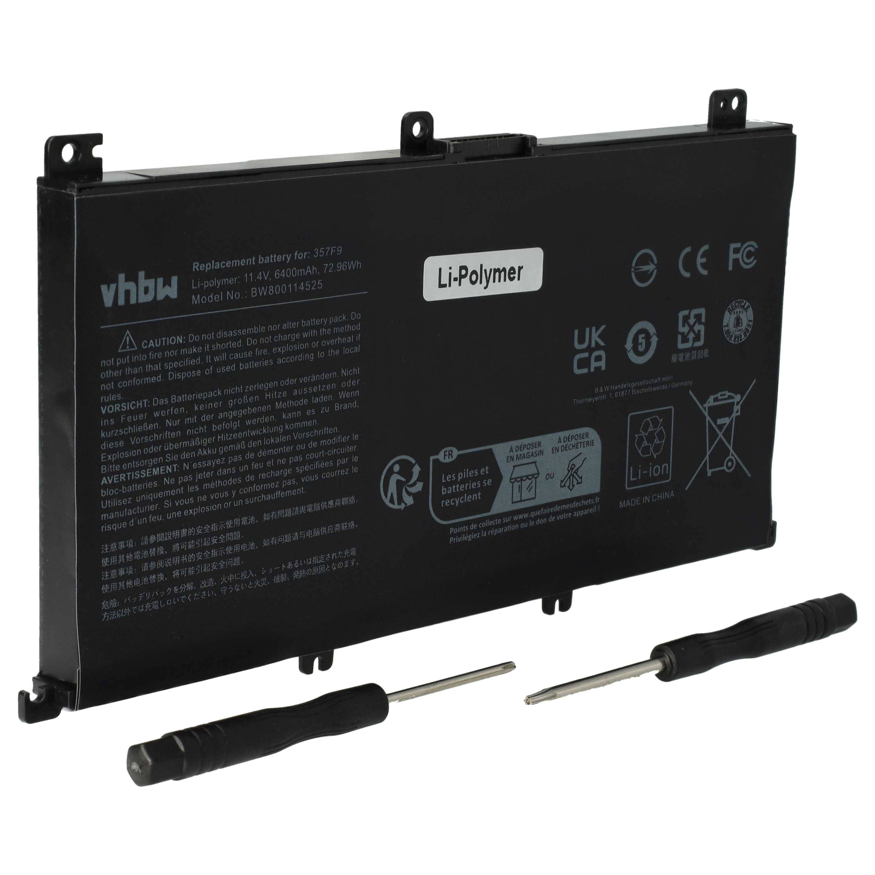 vhbw Akku kompatibel mit Dell Inspiron Ins 15-7567-D4745B, INS15PD, INS15PD-1548B Notebook (6400mAh, 11,4V, Li-Polymer)