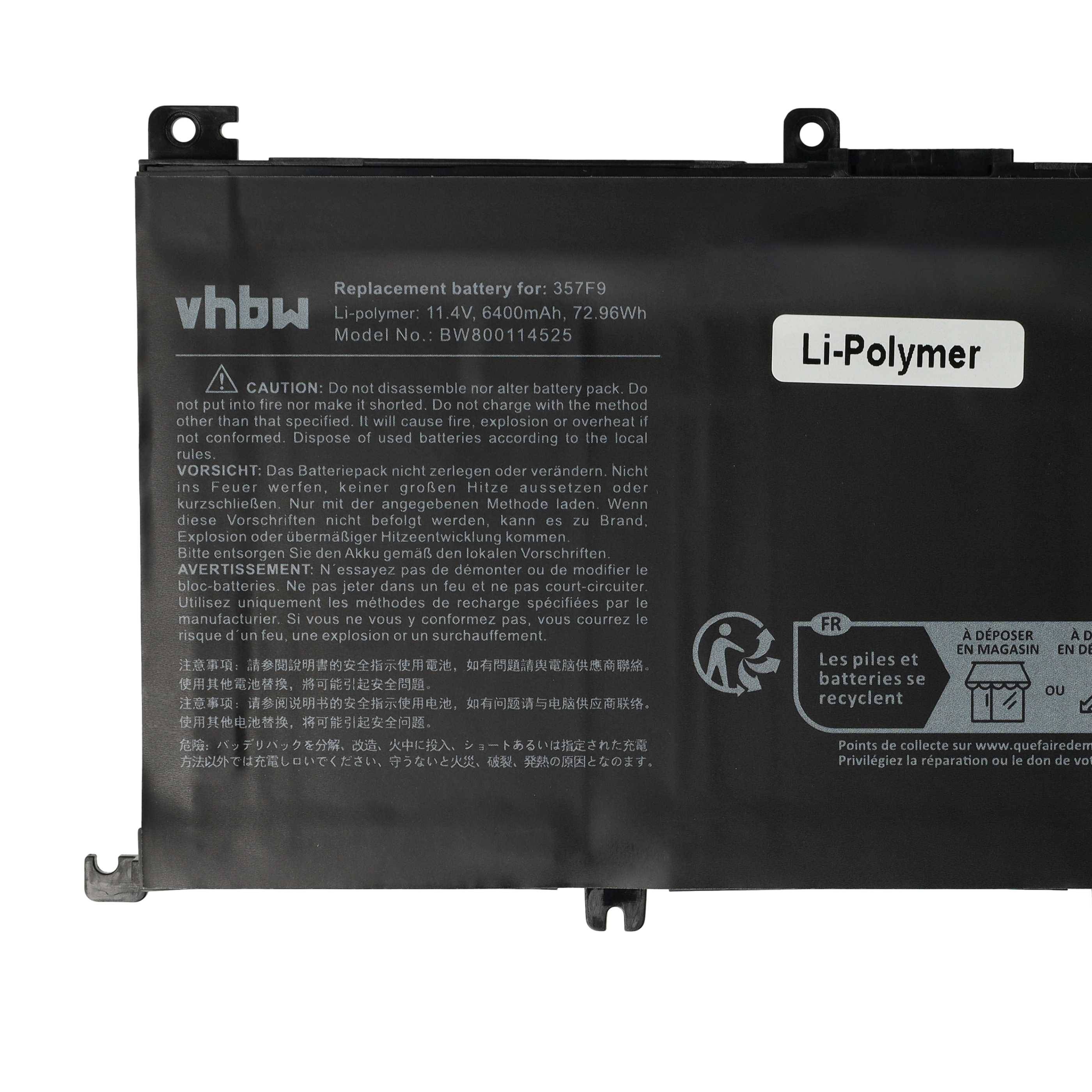 vhbw Akku kompatibel mit Dell Inspiron INS15PD-2748B, INS15PD-2748R, INS15PD-3848B Notebook (6400mAh, 11,4V, Li-Polymer)