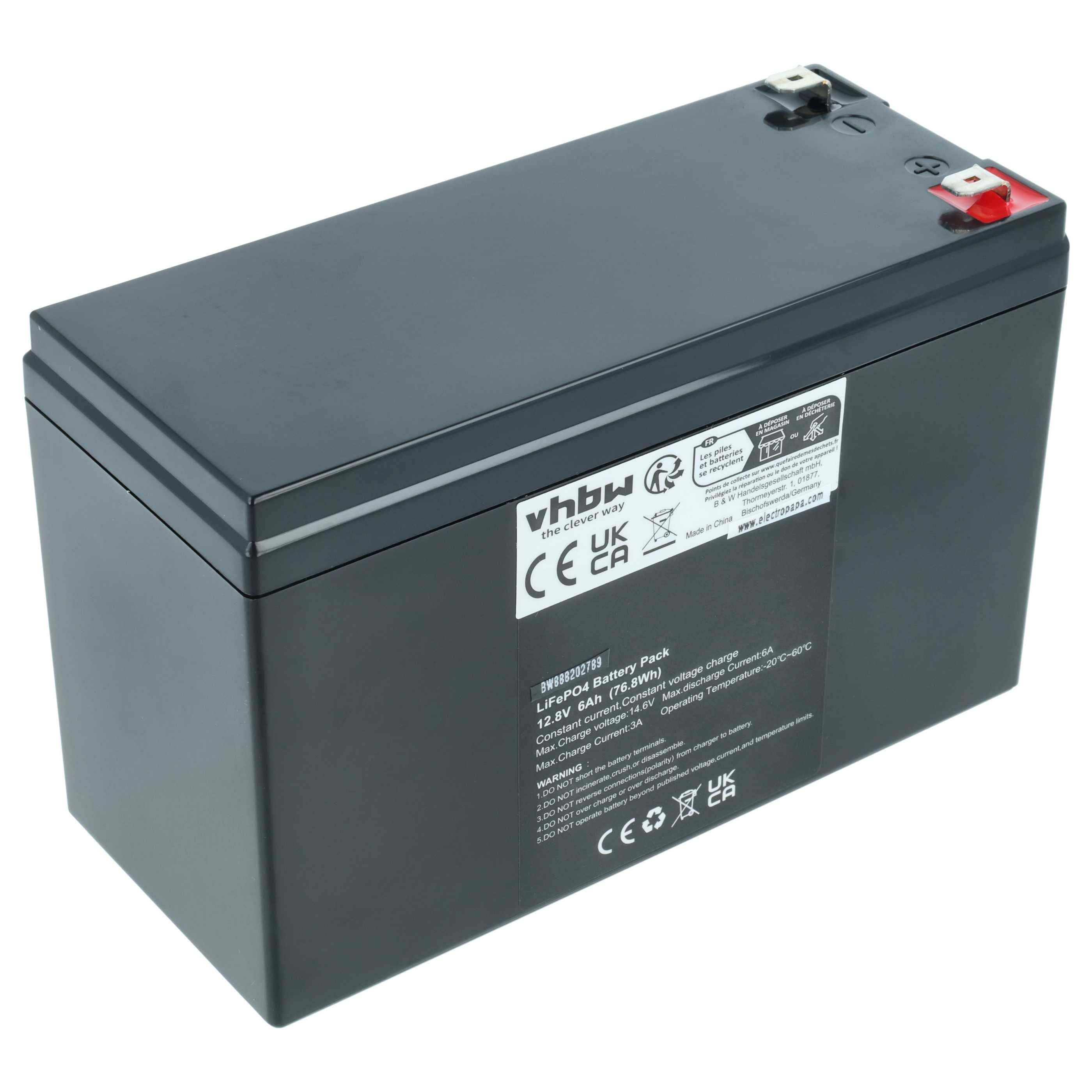 Eine schwarze 12V 4Ah wiederaufladbare Batterie mit einem Etikett, das Sicherheitszertifizierungen und Modelldetails anzeigt. Rote und schwarze Anschlüsse befinden sich oben.