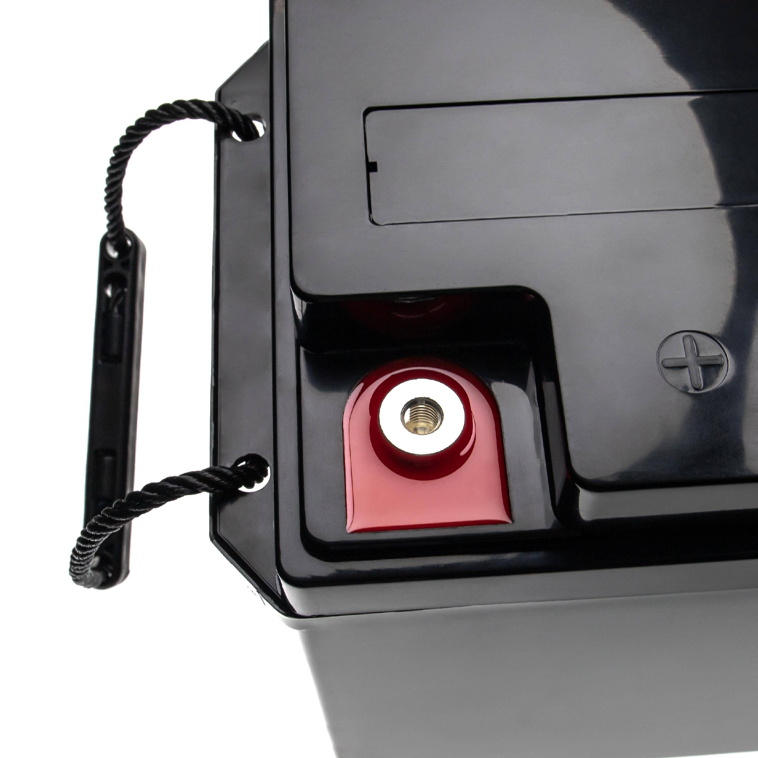 Eine schwarze und rote Autobatterie mit einem Griff wird gezeigt.