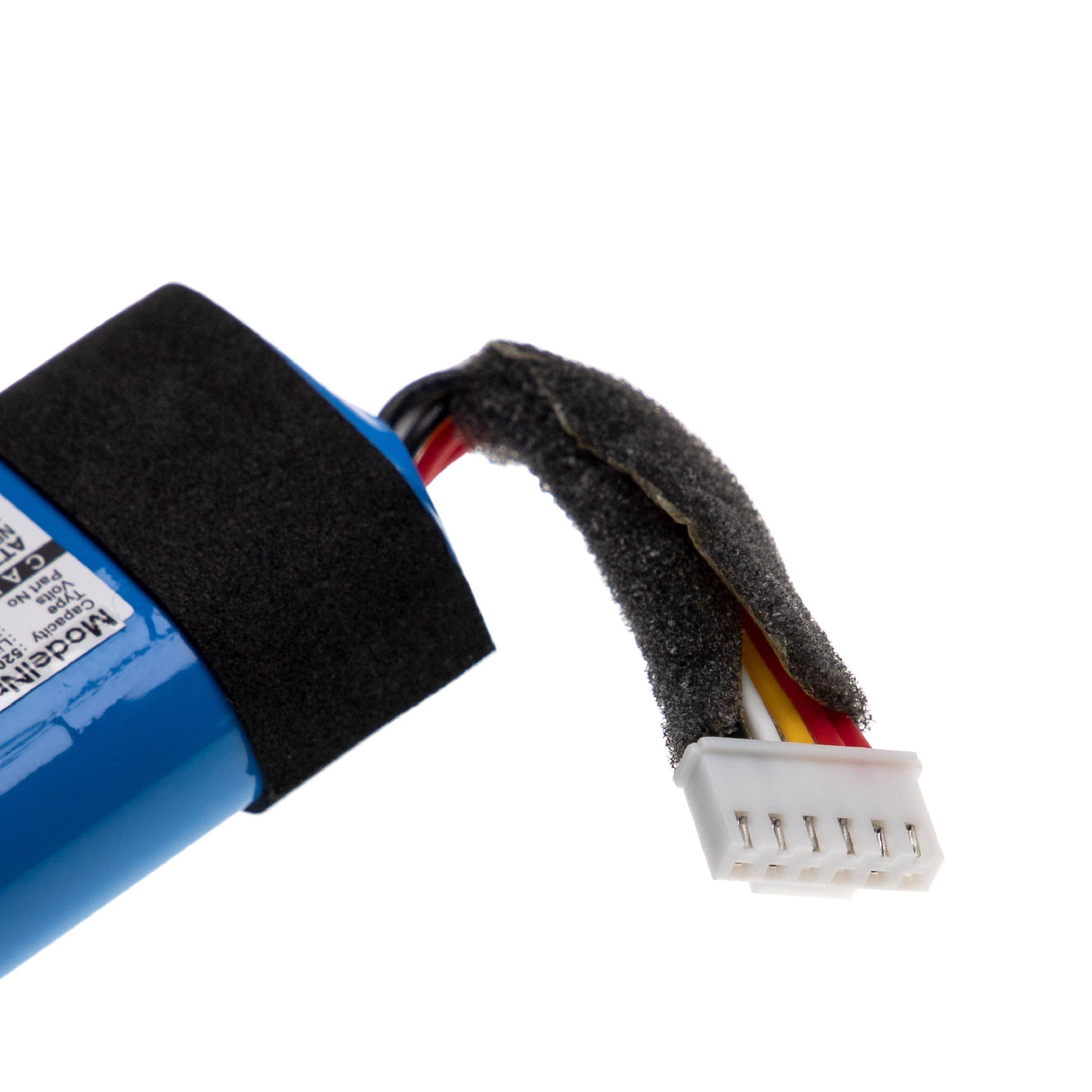 Ein Nahaufnahmebild eines blauen Akkupacks mit einer schwarzen Schutzmanschette, das mehrfarbige Kabel zeigt, die in einem weißen Steckerverbinder enden.